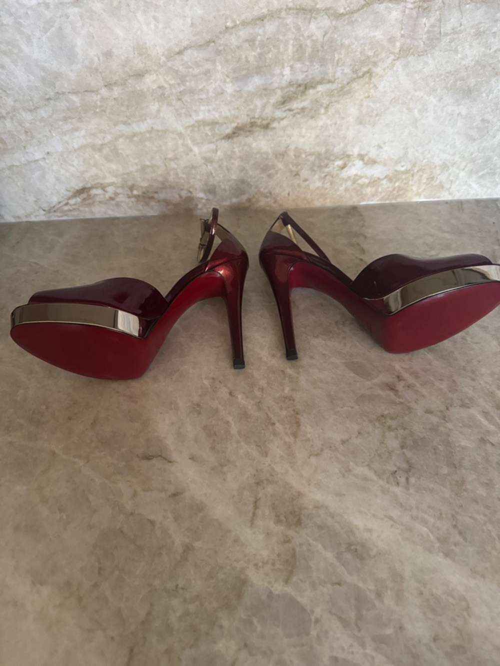 Gucci Women's Maroon Patent Leather Peep-Toe Ankle-Strap Heels - Picture 6 of 9